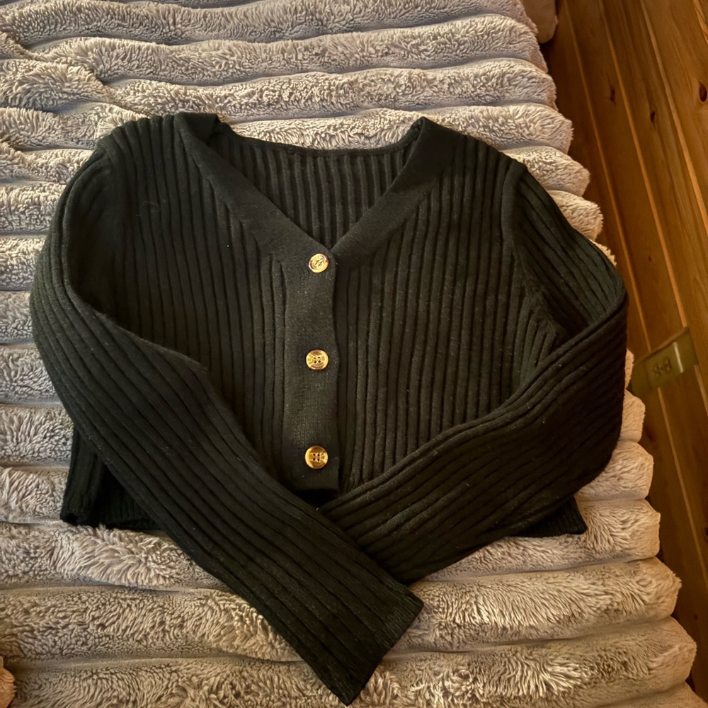 Black Ribbed Button-Up Sweater - image 1